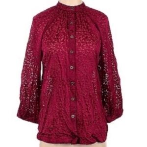 Anthropologie Elegant Burgundy Long Sleeve Lace
Blouse Top